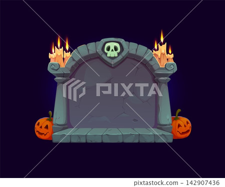 Cartoon arcade Halloween game arch frame features cracked grey stone tombstone shape topped with skull emblem. Spooky border with dripping candle clusters and pumpkins for game menu screens Cartoon arcade Halloween game arch frame features cracked grey stone tombstone shape topped with skull emblem. Spooky border with dripping candle clusters and pumpkins for game menu screens 142907436