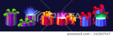 Cartoon gift box game icons, vector surprise boxes with glowing light. Open and closed present containers with ribbons and magical energy inside. Round and square festive packs with sparkle and shine Cartoon gift box game icons, vector surprise boxes with glowing light. Open and closed present containers with ribbons and magical energy inside. Round and square festive packs with sparkle and shine 142907437