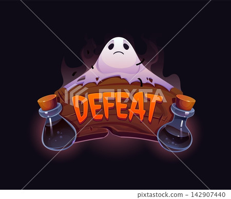 Cartoon defeat icon features sad ghost character peeking over wooden banner with potion bottles. Halloween casino gambling game over badge for arcade app fail screens or mobile game UI notifications Cartoon defeat icon features sad ghost character peeking over wooden banner with potion bottles. Halloween casino gambling game over badge for arcade app fail screens or mobile game UI notifications 142907440