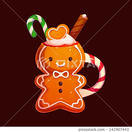 Festive Christmas brown mug shaped like smiling gingerbread man filled with hot cocoa, whipped cream and wafer roll. Cartoon gingerbread mug with striped handle, cafe menu layout bakery cookie Festive Christmas brown mug shaped like smiling gingerbread man filled with hot cocoa, whipped cream and wafer roll. Cartoon gingerbread mug with striped handle, cafe menu layout bakery cookie 142907443