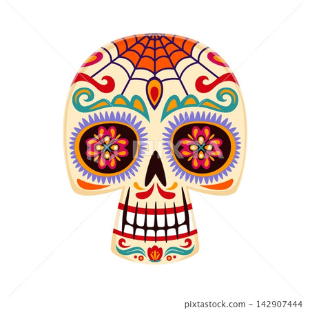 Cartoon calavera Mexican sugar skull face with intricate floral eye sockets, orange spider web crown and colorful swirl patterns. Vibrant Day of the Dead character for festival posters Cartoon calavera Mexican sugar skull face with intricate floral eye sockets, orange spider web crown and colorful swirl patterns. Vibrant Day of the Dead character for festival posters 142907444