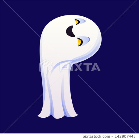 Cartoon Halloween font letter P with spooky white ghost. Scary holiday ghost with glowing yellow eyes. English spooky alphabet type for holiday posters and Halloween party invitations 142907445