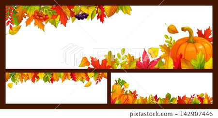 Autumn invitation, flyer, cover and placard banners with fall season leaves, pumpkins and berries. Three blank rectangular banners decorated with autumn leaf garlands and pumpkins for harvest events Autumn invitation, flyer, cover and placard banners with fall season leaves, pumpkins and berries. Three blank rectangular banners decorated with autumn leaf garlands and pumpkins for harvest events 142907446
