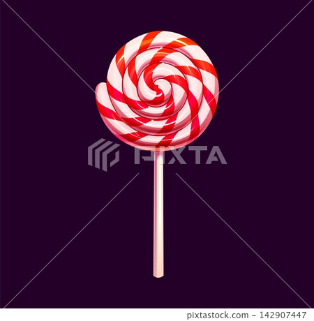 Cartoon Christmas red and white swirl lollipop candy icon. Sweet peppermint hard candy for holiday greeting cards, festive party invitations, sweet shop banners and winter seasonal decorations Cartoon Christmas red and white swirl lollipop candy icon. Sweet peppermint hard candy for holiday greeting cards, festive party invitations, sweet shop banners and winter seasonal decorations 142907447