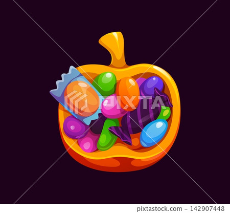 Pumpkin with candy sweets or Halloween holiday cartoon icon for arcade game and scary holiday party. Pumpkin with spooky caramels and scary candies for Halloween trick or treat celebration Pumpkin with candy sweets or Halloween holiday cartoon icon for arcade game and scary holiday party. Pumpkin with spooky caramels and scary candies for Halloween trick or treat celebration 142907448