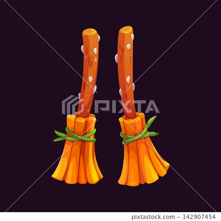 Cartoon spooky Halloween snacks shaped like two witch brooms made of pretzel sticks, yellow cheese skirts and green chive ties. Vibrant Halloween party treat icon for spooky catering posters Cartoon spooky Halloween snacks shaped like two witch brooms made of pretzel sticks, yellow cheese skirts and green chive ties. Vibrant Halloween party treat icon for spooky catering posters 142907454