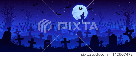 Abandoned Halloween night graveyard cemetery tombstones and dark castle landscape silhouette. Spooky night scene with RIP headstones and glowing full moon for Halloween party banners and mobile games Abandoned Halloween night graveyard cemetery tombstones and dark castle landscape silhouette. Spooky night scene with RIP headstones and glowing full moon for Halloween party banners and mobile games 142907472