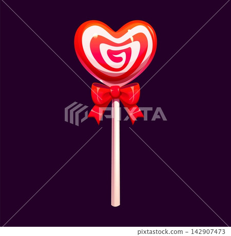 Glossy heart shaped swirl lollypop with red and white stripes, tied with red ribbon bow on stick. Sweet Christmas or Valentine day candy, holiday packaging and festive party decor Glossy heart shaped swirl lollypop with red and white stripes, tied with red ribbon bow on stick. Sweet Christmas or Valentine day candy, holiday packaging and festive party decor 142907473