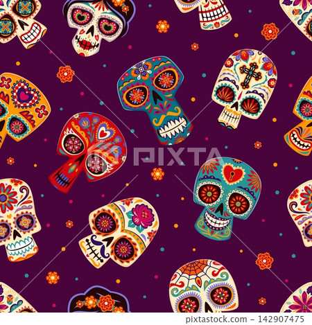 Calavera Mexican sugar skull faces. Day of the dead seamless pattern of decorative sugar skull faces with floral eye sockets, hearts and swirling ornaments for Dia de los Muertos party decor Calavera Mexican sugar skull faces. Day of the dead seamless pattern of decorative sugar skull faces with floral eye sockets, hearts and swirling ornaments for Dia de los Muertos party decor 142907475
