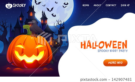 Halloween landing page template. Spooky website template featuring smiling pumpkin with black crow, black cat, and haunted castle. Cartoon vector design for creating festive Halloween event page Halloween landing page template. Spooky website template featuring smiling pumpkin with black crow, black cat, and haunted castle. Cartoon vector design for creating festive Halloween event page 142907481
