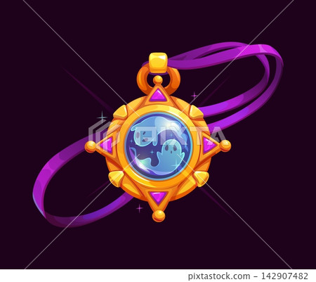 Cartoon Halloween arcade game amulet icon. Glowing crystal with two ghost silhouettes and curling purple ribbon. Halloween pendant for mobile app rewards, stickers and RPG inventory graphics Cartoon Halloween arcade game amulet icon. Glowing crystal with two ghost silhouettes and curling purple ribbon. Halloween pendant for mobile app rewards, stickers and RPG inventory graphics 142907482