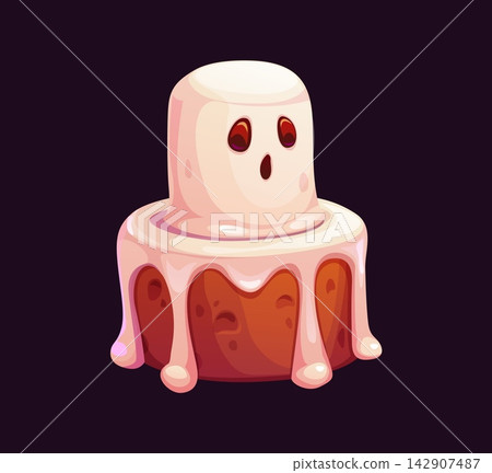 Cartoon Halloween sweet with baked sponge base covered in smooth icing and topped with cute ghost figure. Creepy Halloween dessert for Halloween party invitations, bakery menus or sweet treat stickers Cartoon Halloween sweet with baked sponge base covered in smooth icing and topped with cute ghost figure. Creepy Halloween dessert for Halloween party invitations, bakery menus or sweet treat stickers 142907487