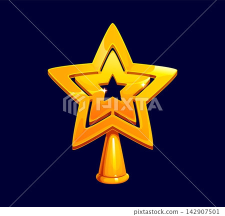 Cartoon golden Christmas tree topper star. Shiny holiday decoration icon with central star cut out, glossy highlights and bright sparkles. Festive Xmas icon for holiday greeting cards and game decor 142907501