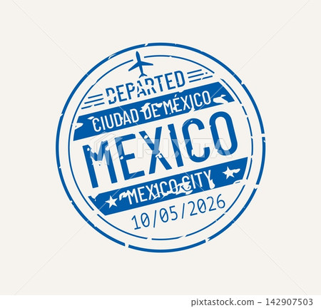 Mexico city travel passport ink stamp with distressed circular border, airplane icon and bold text. Trip vacation visa stamp for travel journal design, luggage tags and airport arrival labels Mexico city travel passport ink stamp with distressed circular border, airplane icon and bold text. Trip vacation visa stamp for travel journal design, luggage tags and airport arrival labels 142907503