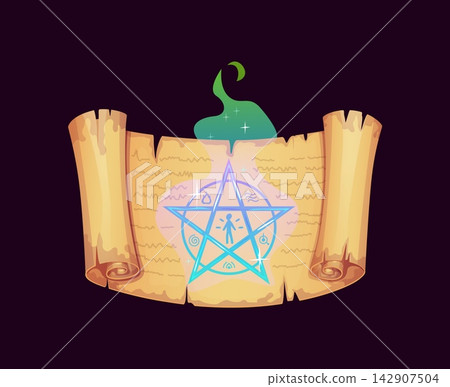 Cartoon magical spell scroll with glowing blue pentagram symbol and mystical green smoke. Ancient magic manuscript paper with magical aura glow for Halloween party invitations and fantasy book artwork Cartoon magical spell scroll with glowing blue pentagram symbol and mystical green smoke. Ancient magic manuscript paper with magical aura glow for Halloween party invitations and fantasy book artwork 142907504