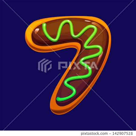 Cartoon Halloween holiday typography element forming digit seven with chocolate biscuit texture. Spooky ABC English alphabet type sweet treat with drizzled green neon glaze for autumn festival poster Cartoon Halloween holiday typography element forming digit seven with chocolate biscuit texture. Spooky ABC English alphabet type sweet treat with drizzled green neon glaze for autumn festival poster 142907528