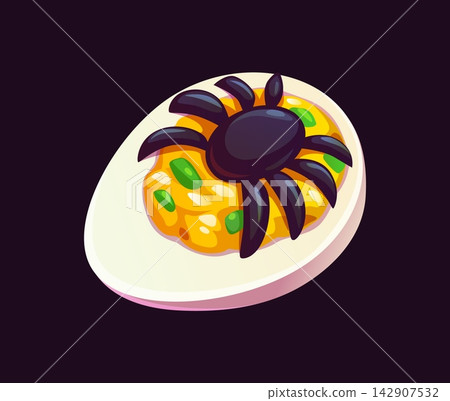 Cartoon spooky Halloween deviled egg decorated with black olive spider topping. Creepy snack featuring hard boiled egg half for Halloween recipe books, party menu cards and spooky culinary posters 142907532