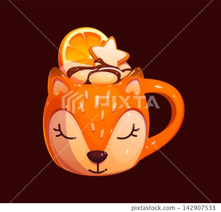 Christmas orange mug shaped as sleeping fox head. Cartoon festive cup filled with hot beverage, whipped cream, chocolate syrup, orange slice and star cookie. Christmas mug icon, holiday drink Christmas orange mug shaped as sleeping fox head. Cartoon festive cup filled with hot beverage, whipped cream, chocolate syrup, orange slice and star cookie. Christmas mug icon, holiday drink 142907533