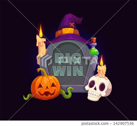 Big win icon for Halloween casino gambling game with cartoon pumpkin skull at cemetery tombstone. Halloween casino game jackpot element with witch hat, magic potion and candle at grave headstone 142907536