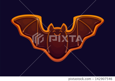 Cartoon Halloween gingerbread cookie with smiling bat and wide open wings. Funny holiday dessert with glossy chocolate glaze for Halloween cafe decorations, greeting cards and seasonal bakery menu Cartoon Halloween gingerbread cookie with smiling bat and wide open wings. Funny holiday dessert with glossy chocolate glaze for Halloween cafe decorations, greeting cards and seasonal bakery menu 142907546
