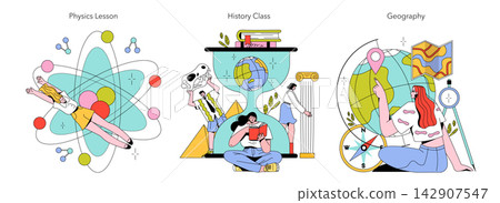 Students study physics history and geography with atom symbols books globe map compass and ancient objects in an educational set for school subjects and classroom learning vector illustration Students study physics history and geography with atom symbols books globe map compass and ancient objects in an educational set for school subjects and classroom learning vector illustration 142907547
