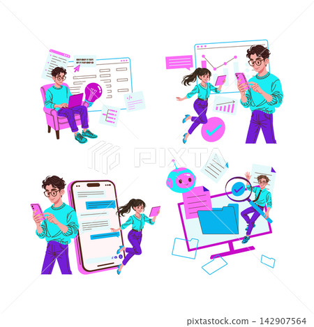 Digital workflow set with people using smartphone laptop and tablet for messaging coding analytics and document review, with charts chatbot and files, vector illustration Digital workflow set with people using smartphone laptop and tablet for messaging coding analytics and document review, with charts chatbot and files, vector illustration 142907564