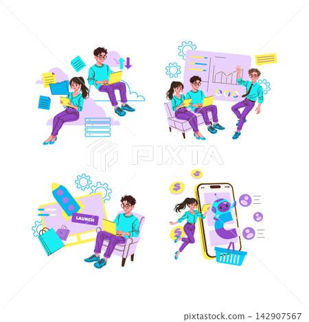 Startup team works on laptops and tablet, reviews analytics dashboard, prepares product launch, and manages mobile shopping automation with chatbot support in vector illustration Startup team works on laptops and tablet, reviews analytics dashboard, prepares product launch, and manages mobile shopping automation with chatbot support in vector illustration 142907567