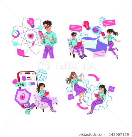 People use smartphones tablets and laptops for AI tools automation coding chatbot communication and VPN security in a modern tech workflow set vector illustration People use smartphones tablets and laptops for AI tools automation coding chatbot communication and VPN security in a modern tech workflow set vector illustration 142907569