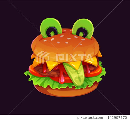 Cartoon spooky Halloween monster burger with green olive eyes and pickle tongue. Fun Halloween scary fast food featuring layered melted cheese, meat patty and dripping ketchup for holiday party menu 142907570