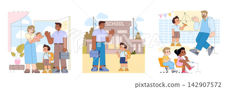 Back to school vector illustration set with parent bringing child to school, waving farewell at entrance, and teacher explaining geometry to pupils in classroom during lesson 142907572