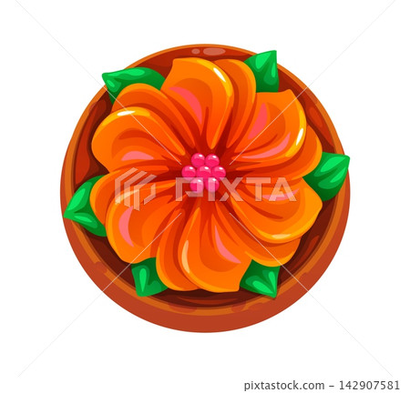 Cartoon golden marigold shaped cookie with icing petals. Cute sweet biscuit for Dia de los Muertos, Halloween, and Hispanic culture celebration. Vector cookie for cemetery altar decoration 142907581