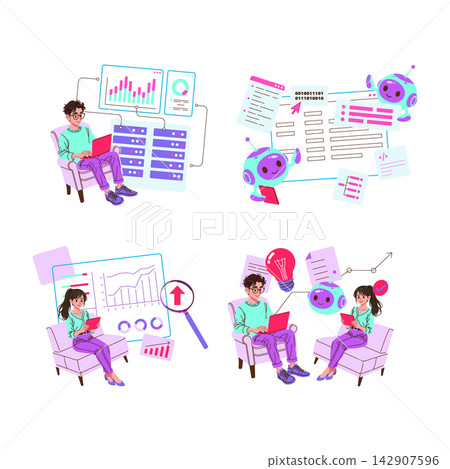 AI automation vector illustration set with people using laptops and tablets, robots handling code and documents, analytics dashboards, data growth charts, teamwork and business ideas AI automation vector illustration set with people using laptops and tablets, robots handling code and documents, analytics dashboards, data growth charts, teamwork and business ideas 142907596