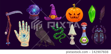 Cartoon scary Halloween holiday game characters and UI asset icons set. Spooky Halloween pumpkin lantern, witch hat, magic potion bottle and crystal ball, creepy crow, feather and grim reaper scythe Cartoon scary Halloween holiday game characters and UI asset icons set. Spooky Halloween pumpkin lantern, witch hat, magic potion bottle and crystal ball, creepy crow, feather and grim reaper scythe 142907608