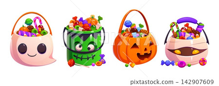 Cartoon Halloween candy buckets as carved pumpkin face, green zombie, cute ghost and mummy head filled with sweets. Lollipops, candy canes, chocolate and gummy pastry for trick or treat celebration Cartoon Halloween candy buckets as carved pumpkin face, green zombie, cute ghost and mummy head filled with sweets. Lollipops, candy canes, chocolate and gummy pastry for trick or treat celebration 142907609