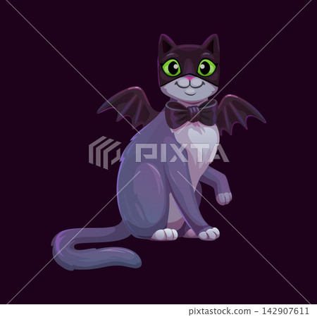 Cartoon Halloween cat character in bat costume. Grinning arcade game kitten sits with tiny bat wings, bright green eyes, masked face and black bow tie. Halloween game character for mobile app icons 142907611
