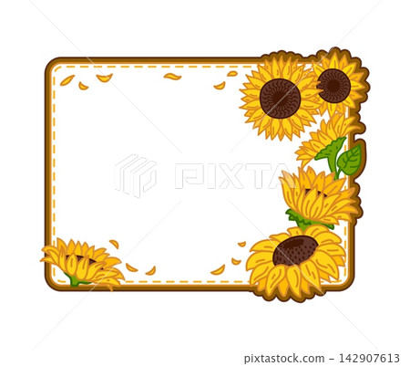 Farm field rustic sunflower memo note frame with brown stitched border and blooming yellow sunflowers. Cheerful farm border for kids notebooks, seasonal cards and rustic stationery design 142907613