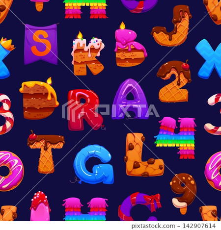 Cartoon birthday and festive party font letters typeface seamless pattern background. Vibrant typography pattern featuring cake slices, waffles, balloons and cookies for birthday wrapping paper 142907614