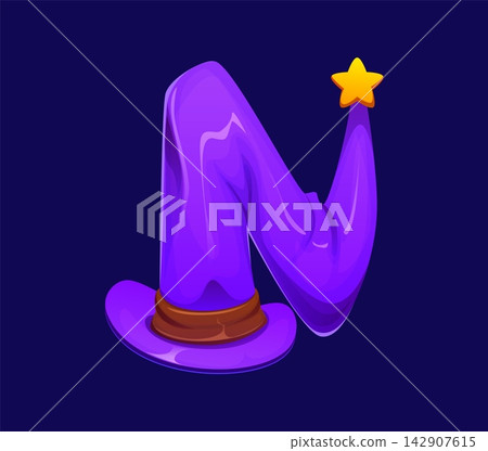 Cartoon Halloween font letter N with purple witch hat, wide brim and glowing golden star tip. Spooky English alphabet type for holiday posters, party invitations and Halloween celebration events Cartoon Halloween font letter N with purple witch hat, wide brim and glowing golden star tip. Spooky English alphabet type for holiday posters, party invitations and Halloween celebration events 142907615
