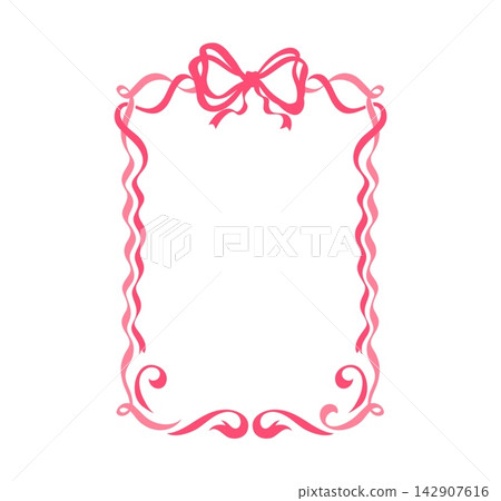 Delicate coquette frame with pink ribbons and red bow on top. Girly frame with twisted vine details and ornamental scroll accents for social media graphics, planners and baby shower party invitations Delicate coquette frame with pink ribbons and red bow on top. Girly frame with twisted vine details and ornamental scroll accents for social media graphics, planners and baby shower party invitations 142907616