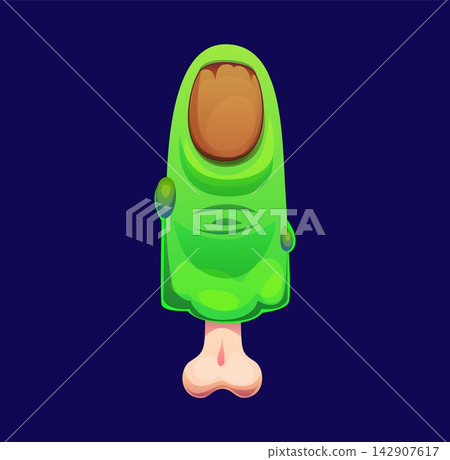Spooky cartoon Halloween font number 1 shaped like green zombie finger with nail and bone. Scare cartoon English alphabet type for Halloween party invitations and kids spooky designs 142907617