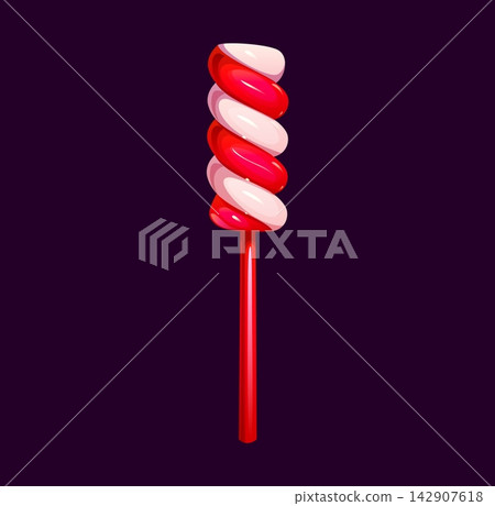 Cartoon Christmas twisted red and white striped candy stick on red stick. Sweet holiday lollypop icon with glossy glare for greeting cards, stickers and seasonal confectionery branding 142907618
