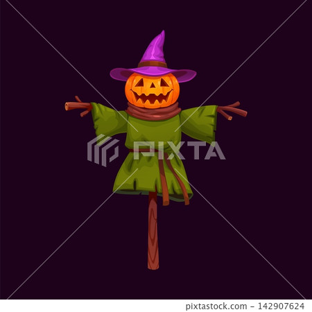 Cartoon grinning jack o lantern scarecrow wears purple witch hat and green robe with branch arms. Scary arcade game character mounted on wooden post spooky party invitations and sticker packs Cartoon grinning jack o lantern scarecrow wears purple witch hat and green robe with branch arms. Scary arcade game character mounted on wooden post spooky party invitations and sticker packs 142907624