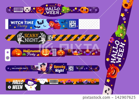 Happy Halloween wristband paper hand bracelet, scary night party pass mockup. Paper wristbands with ghosts, pumpkins, witch, vampire and scary sweets. Vector mockup for costume party admission Happy Halloween wristband paper hand bracelet, scary night party pass mockup. Paper wristbands with ghosts, pumpkins, witch, vampire and scary sweets. Vector mockup for costume party admission 142907625