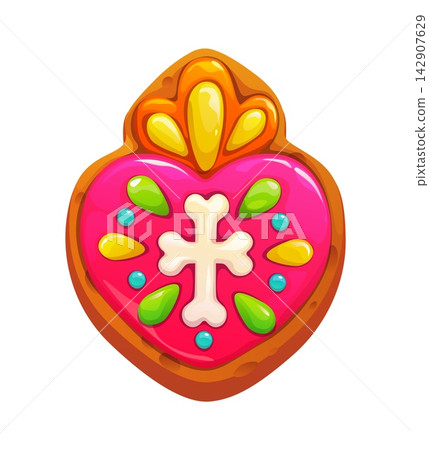 Cartoon heart shaped cookie with frosted sugar and skeleton bone cross. Vector sweet biscuit decorated for autumn festival and Mexican Day of the Dead holiday. Sweet treat for Dia de Muertos altar Cartoon heart shaped cookie with frosted sugar and skeleton bone cross. Vector sweet biscuit decorated for autumn festival and Mexican Day of the Dead holiday. Sweet treat for Dia de Muertos altar 142907629