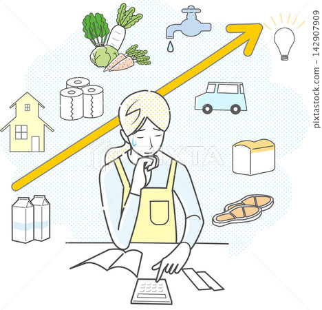 A housewife who keeps a household budget and is worried about rising prices A housewife who keeps a household budget and is worried about rising prices 142907909