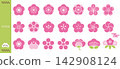 Japanese-style plum blossom pattern icon set: Traditional Japanese pattern design materials featuring floral motifs and family crests. 142908124