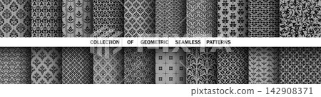Geometric floral set of seamless patterns. Gray and black vector backgrounds. Damask graphic ornaments 142908371