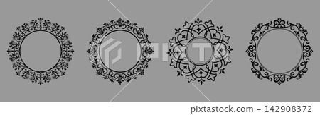 Set of decorative frames Elegant vector element for design in Eastern style, place for text. Floral black and gray frames. Lace illustration for invitations and greeting cards 142908372