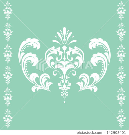 Damask graphic ornament. Floral design element. Green and white vector pattern Damask graphic ornament. Floral design element. Green and white vector pattern 142908401