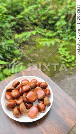 Autumn delicacies: Freshly picked chestnuts served on a plate against a green background. Autumn delicacies: Freshly picked chestnuts served on a plate against a green background. 142908635